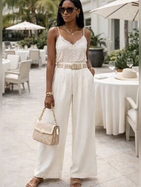 White Wide Leg Pants Women M High Rise Linen Look Coastal Old Money Minimalist